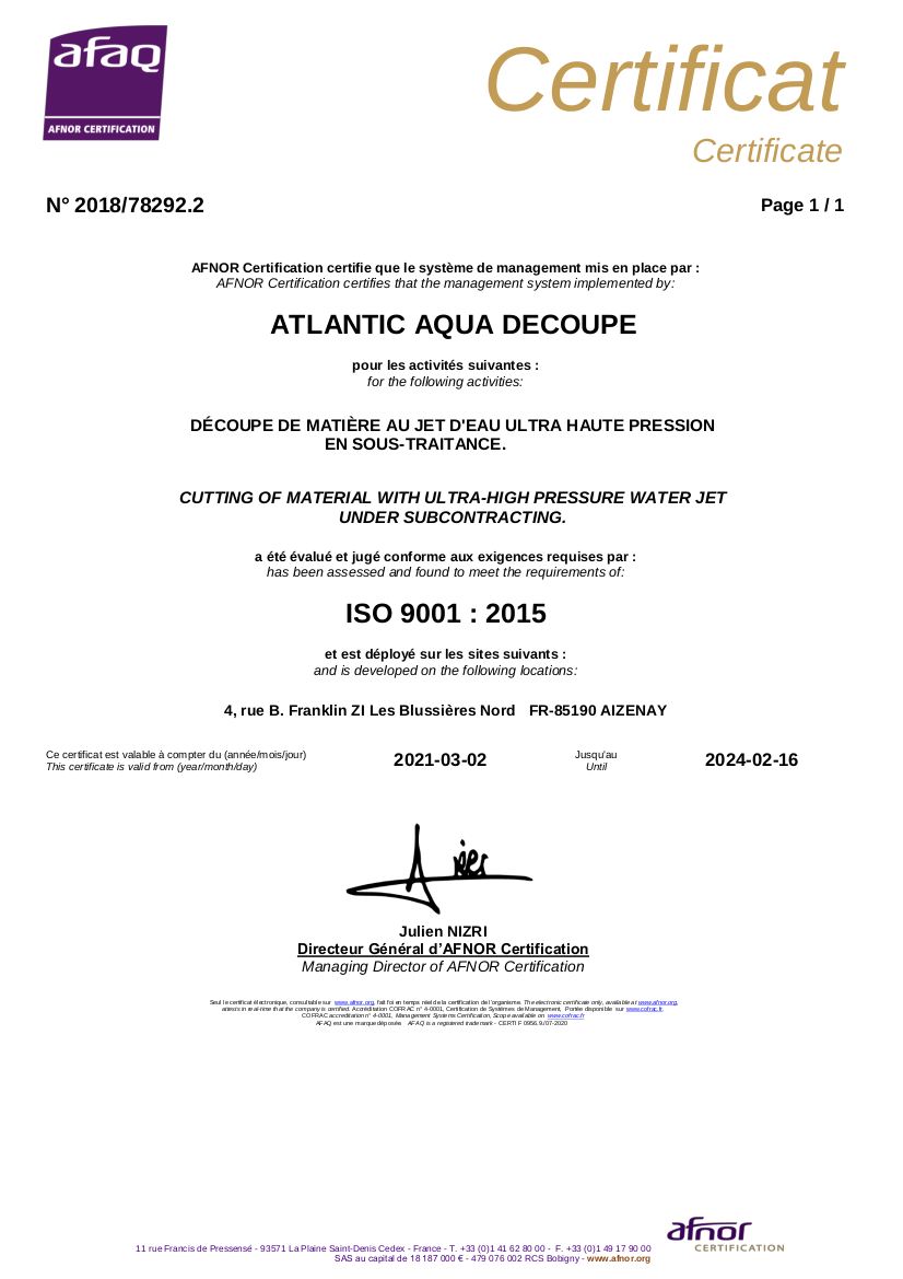 Certification Atlantic Aqua Découpe