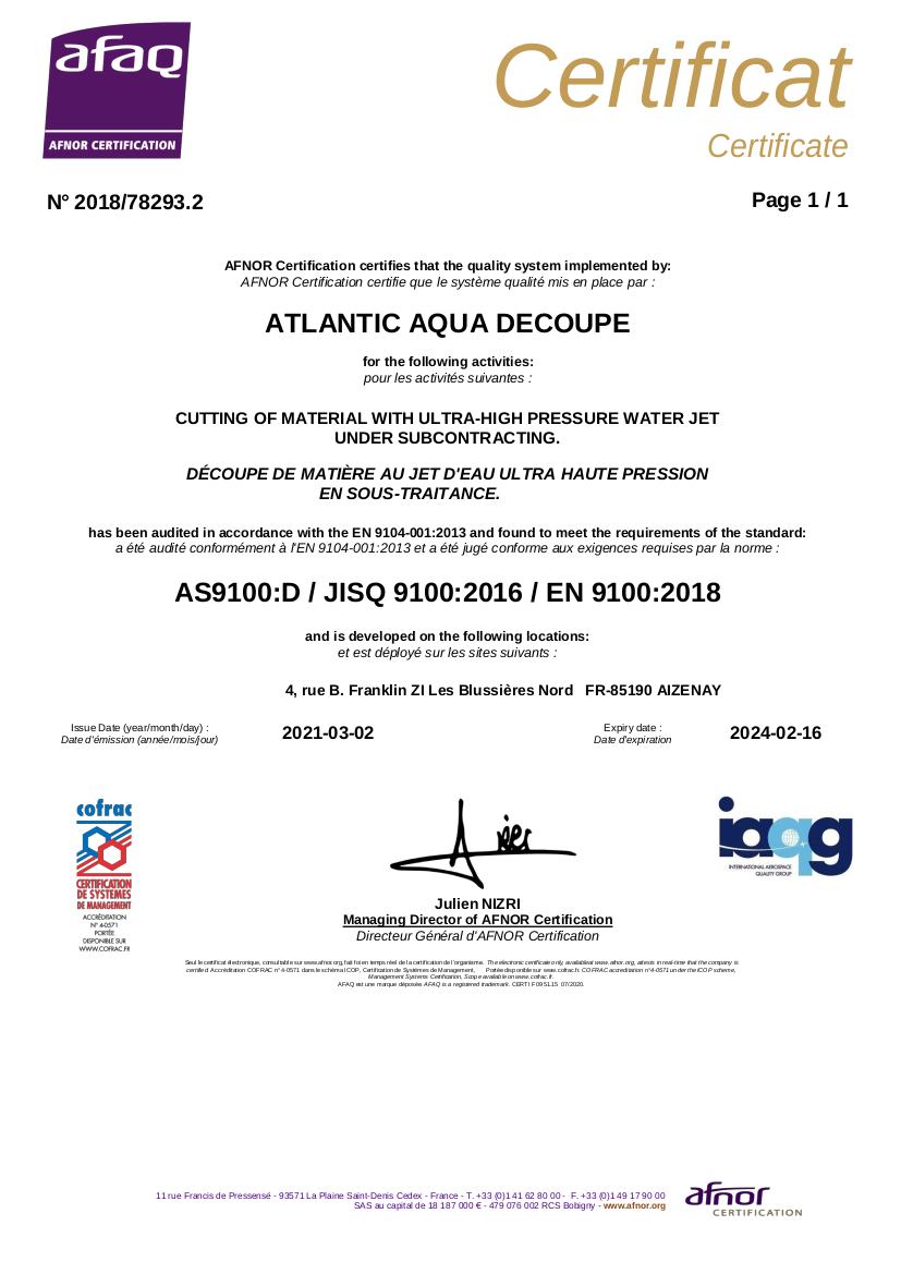 Certification Atlantic Aqua Découpe